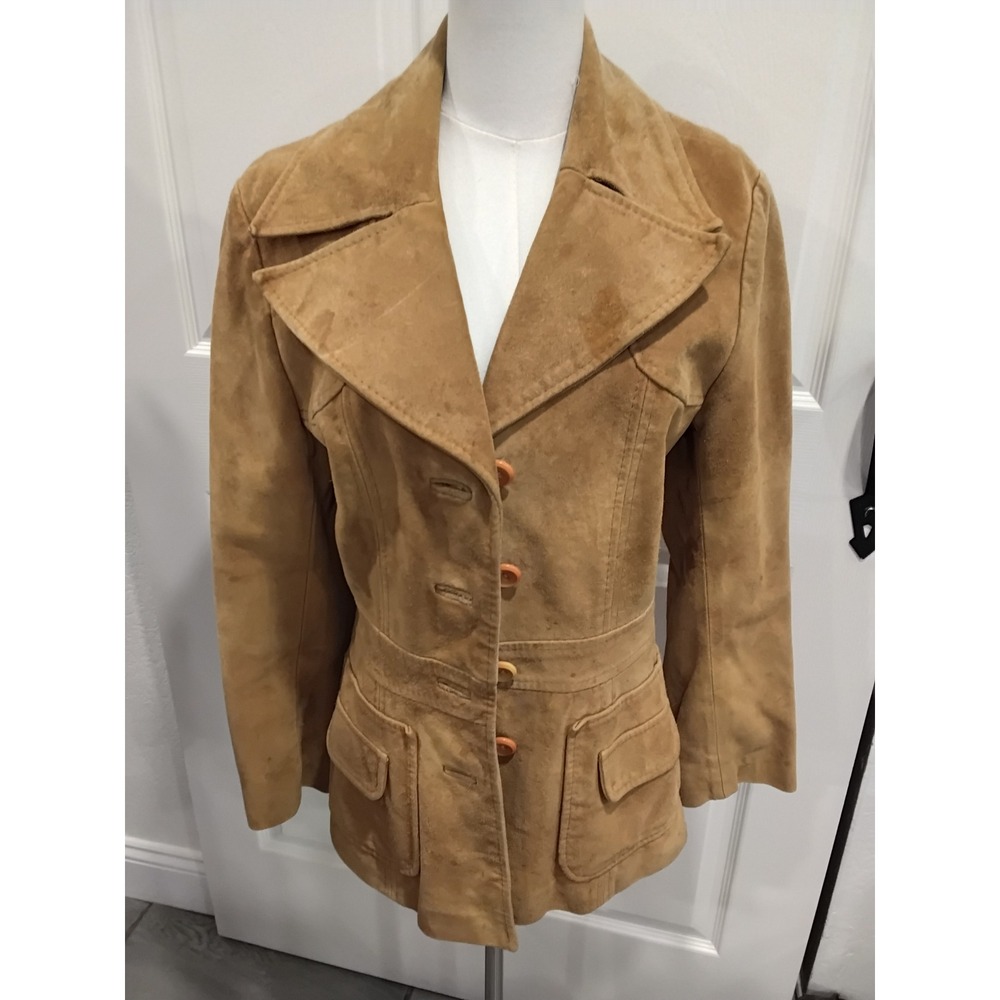 Vintage 70s Tan Suede Leather Safari Jacket Boho Western Car Coat Size 11/12